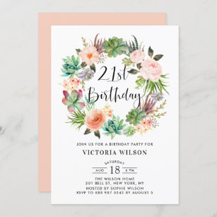 Boho Succulents Floral Wreath 21st Birthday Party Invitation