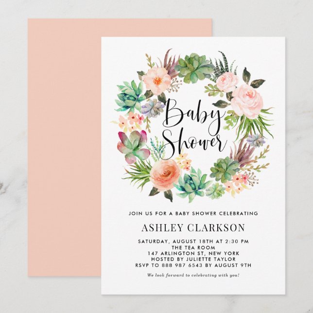 Boho Succulents Floral Wreath Baby Shower Invitation (Front/Back)
