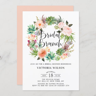 Boho Succulents Floral Wreath Bridal Brunch Invitation