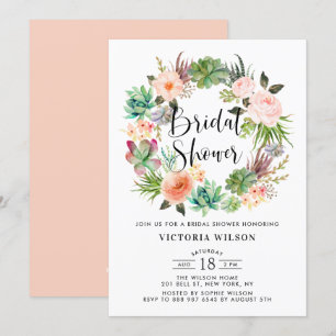 Boho Succulents Floral Wreath Bridal Shower Invitation