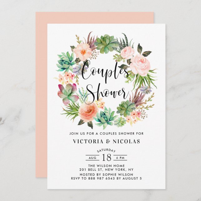 Boho Succulents Floral Wreath Couples Shower Invitation (Front/Back)