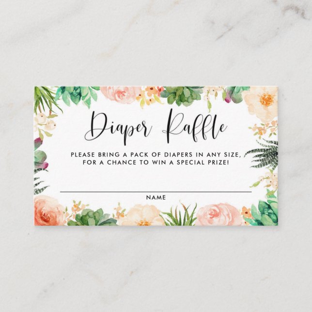Boho Succulents Floral Wreath Diaper Raffle Game Enclosure Card (Front)