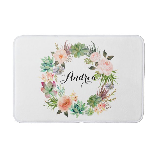 Boho Succulents Floral Wreath Personalised Bath Mat (Front)