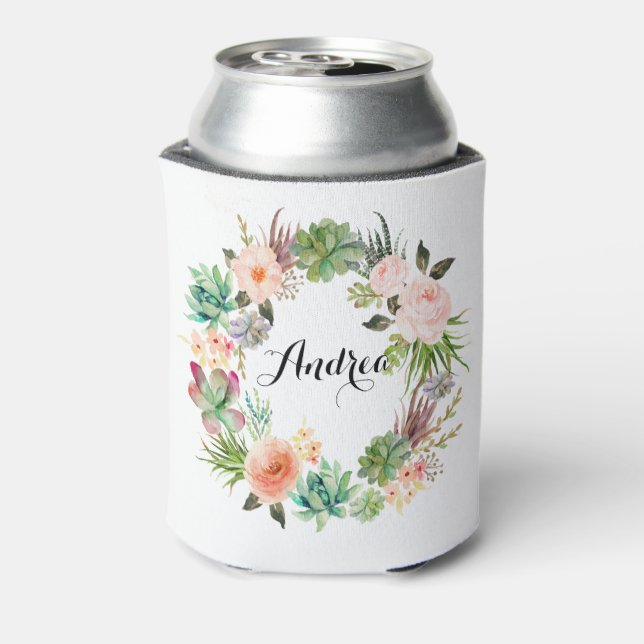 Boho Succulents Floral Wreath Personalised Can Cooler (Can Back)