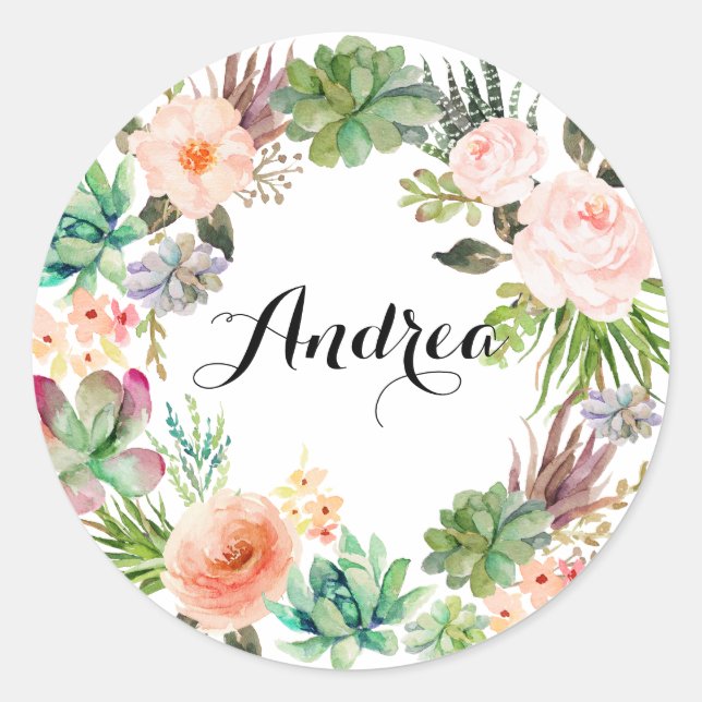 Boho Succulents Floral Wreath Personalised Classic Round Sticker (Front)