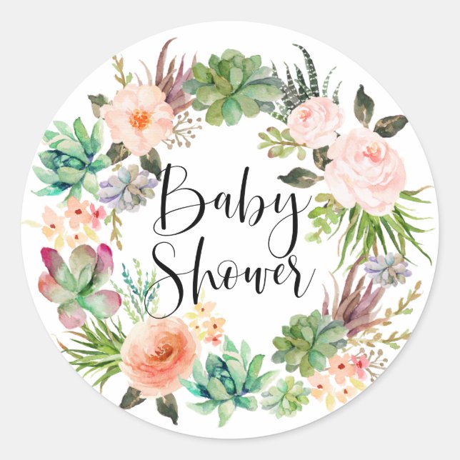 Boho Succulents Floral Wreath Summer Baby Shower Classic Round Sticker (Front)
