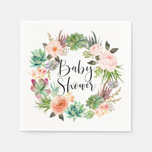 Boho Succulents Floral Wreath Summer Baby Shower Napkin (Front)