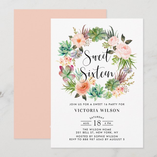 Boho Succulents Floral Wreath Sweet Sixteen Party Invitation (Front/Back)