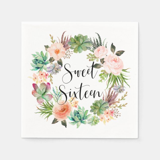 Boho Succulents Floral Wreath Sweet Sixteen Party Napkin (Front)