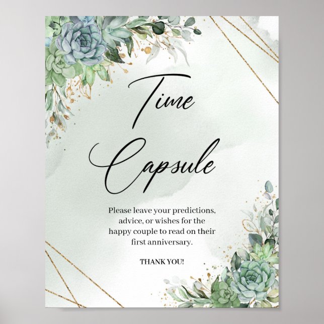 Boho succulents gold frame Time capsule game sign (Front)