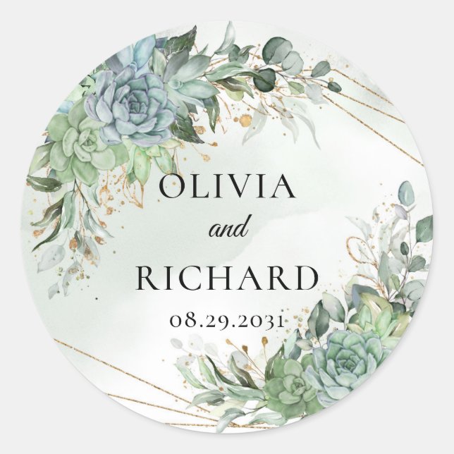 Boho succulents green eucalyptus gold frame classic round sticker (Front)