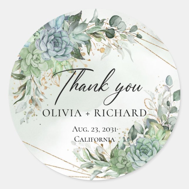 Boho succulents green eucalyptus gold thank you classic round sticker (Front)