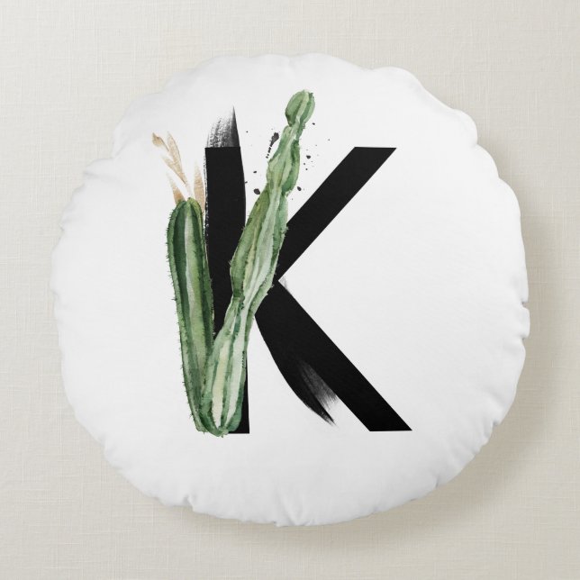 Boho Succulents Letter K Monogram Tropical Round Cushion (Front)