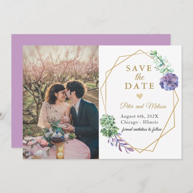 Boho Succulents save the date photo Lavender Announcement (Front/Back)