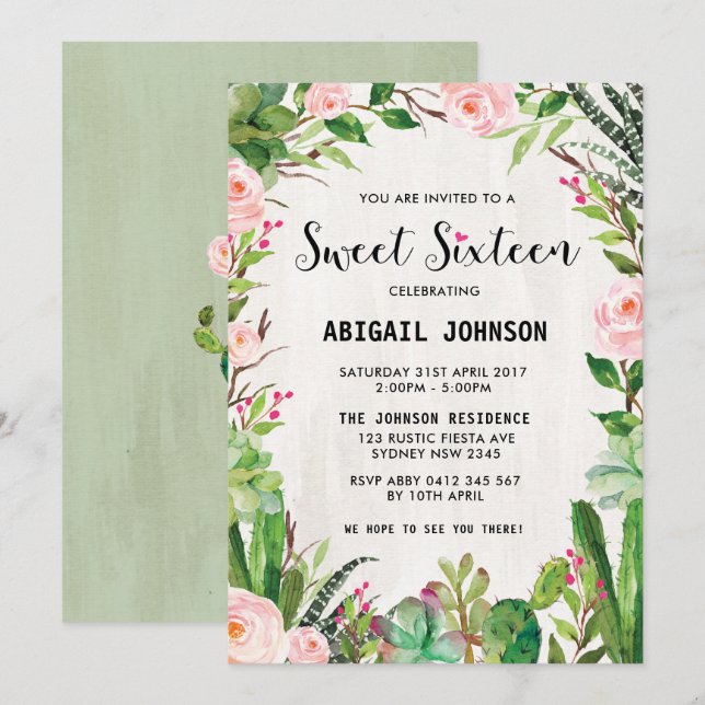 Boho Succulents Sweet Sixteen Pink Floral Invite (Front/Back)