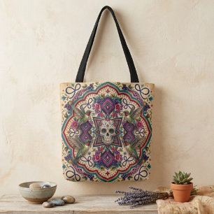 Boho Sugar Skull Folk Art Tote Bag