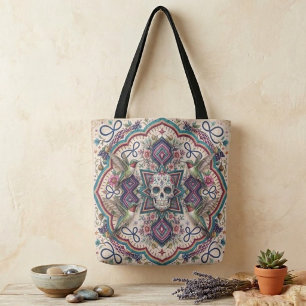 Boho Sugar Skull Folk Art Tote Bag