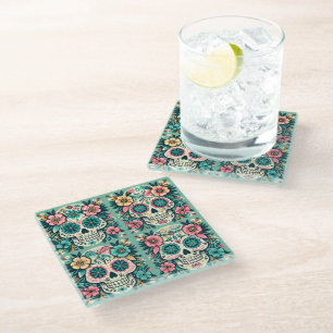 Boho SugarSkulls Glass Coaster