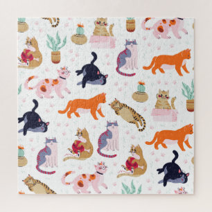 Boho Summer Cute Cats Green Cactus Jigsaw Puzzle