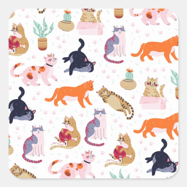 Boho Summer Cute Cats Green Cactus Square Sticker (Front)