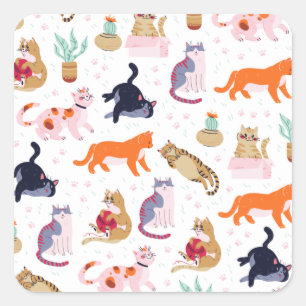 Boho Summer Cute Cats Green Cactus Square Sticker