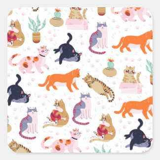 Boho Summer Cute Cats Green Cactus Square Sticker