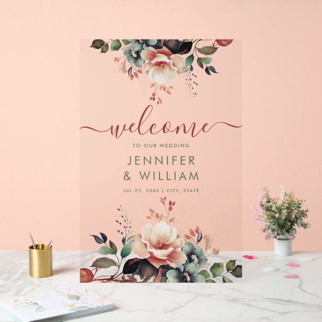 Boho Summer Garden Floral Wedding Welcome Acrylic Sign (Wedding)