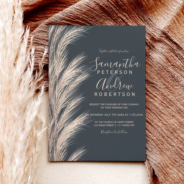 Boho summer pampas grass watercolor grey wedding invitation (Creator Uploaded)