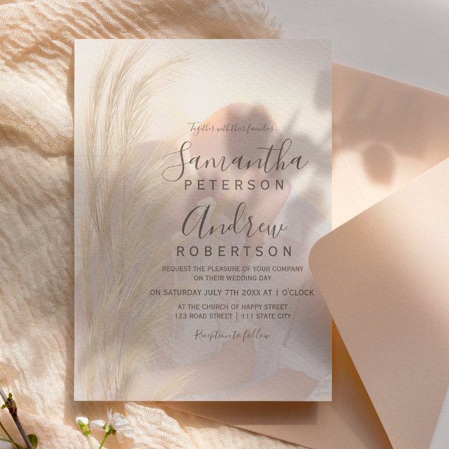Boho summer pampas grass watercolor photo wedding invitation (Creator Uploaded)
