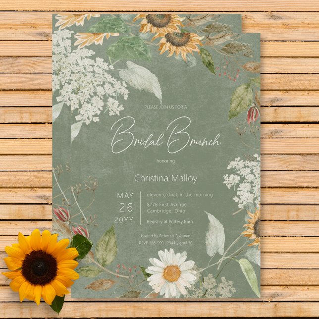Boho Summer Sunflower & Daisy Green Bridal Brunch Invitation (Boho Summer Sunflower & Daisy Green Bridal Brunch Invitation)