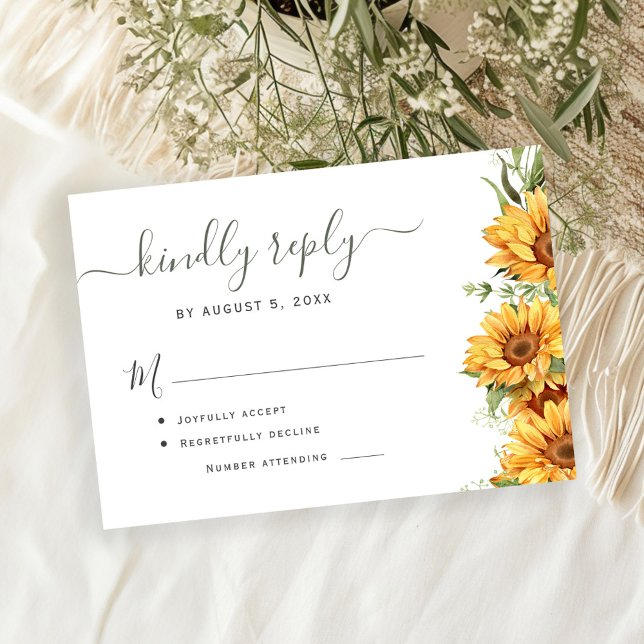 Boho summer sunflower garden black white wedding RSVP card (Creator Uploaded)