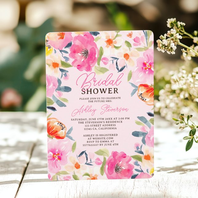 Boho Summer Watercolor Pink Floral Bridal Shower Invitation (Boho Summer Watercolor Pink Floral Bridal Shower Invitation)