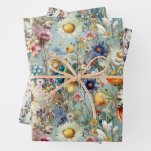 BOHO SUMMER WILDFLOWER FLORAL WRAPPING PAPER SHEET