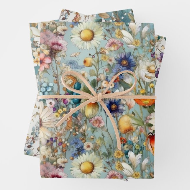 BOHO SUMMER WILDFLOWER FLORAL  WRAPPING PAPER SHEET (In situ)