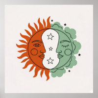 Boho Sun and Moon Face Terracotta Sage Green Art