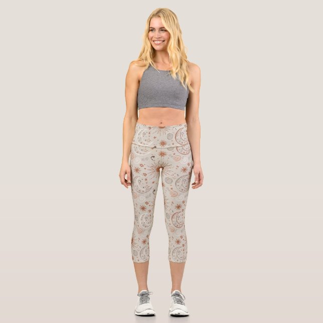Boho Sun and Moon Pattern Capri Leggings (Front)