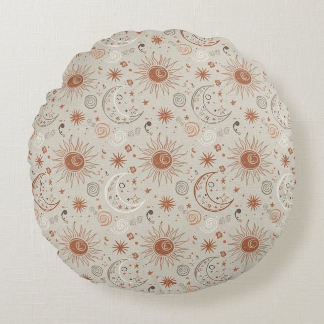 Boho Sun and Moon Pattern Round Cushion (Front)