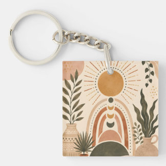 Boho Sun & Botanical Art Key Ring