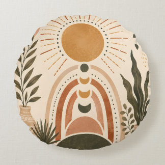 Boho Sun & Botanical Art Round Cushion