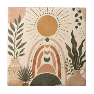 Boho Sun & Botanical Art Tile