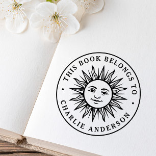 Boho sun character bookplate library book rubber stamp