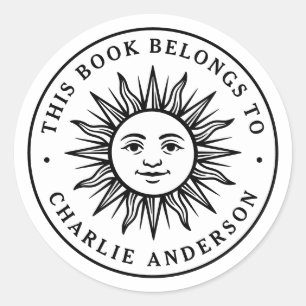Boho sun character bookplate library book sticker