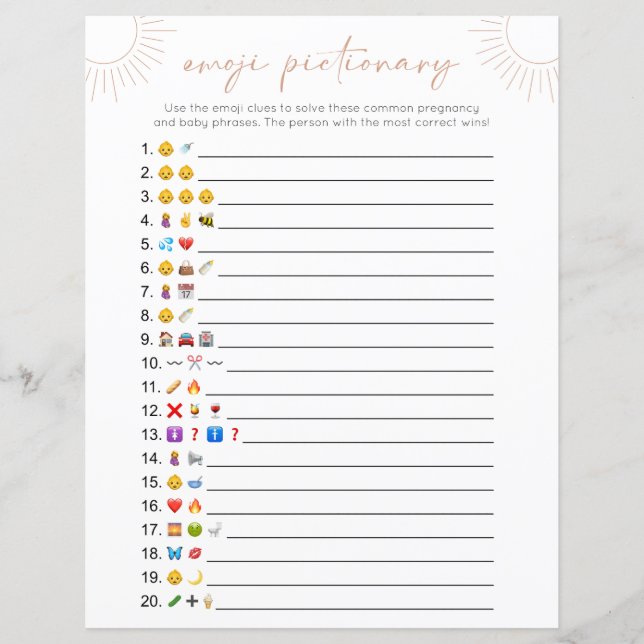 Boho Sun Emoji Baby Shower Game (Front)