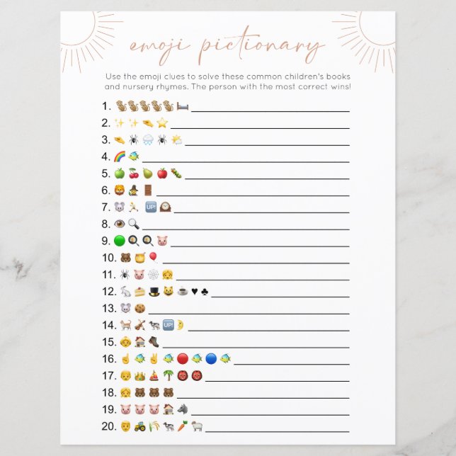 Boho Sun Emoji Books Baby Shower Game (Front)