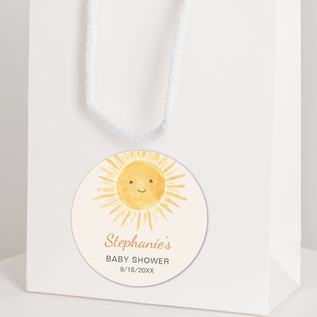 Boho Sun Gender-Neutral Baby Shower Classic Round Sticker (Creator Uploaded)