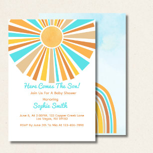 Boho Sun, Here Comes The Son, Retro Rainbow Invitation