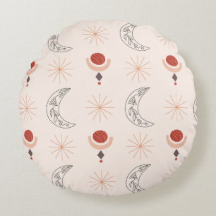 Boho sun moon decorative line art abstract shapes  round cushion