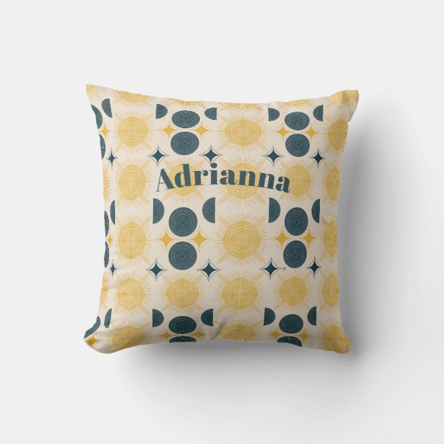 Boho Sun Moon Stars Blue Yellow Personalised Cushion (Front)