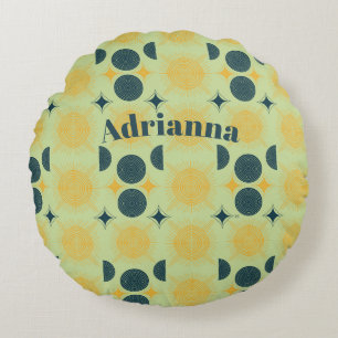 Boho Sun Moon Stars Mint Blue Yellow Personalised Round Cushion