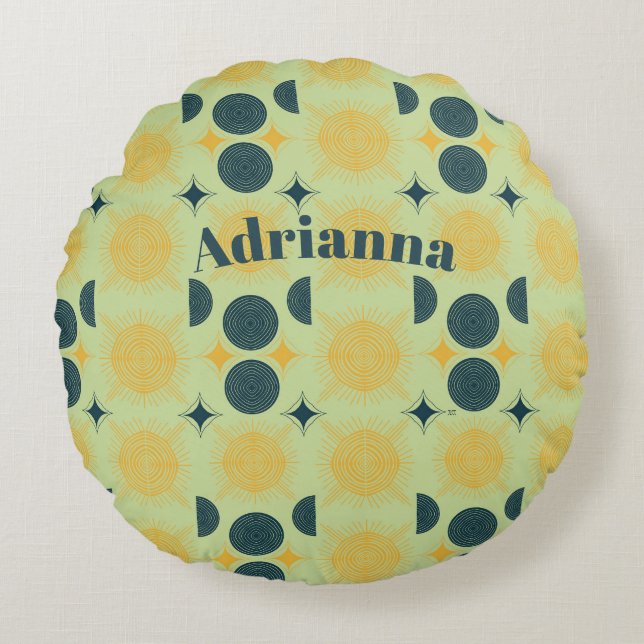 Boho Sun Moon Stars Mint Blue Yellow Personalised Round Cushion (Front)